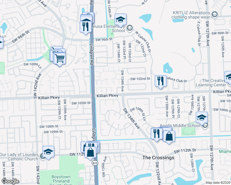 map of restaurants, bars, coffee shops, grocery stores, and more near 10380 Southwest 134th Court in Miami