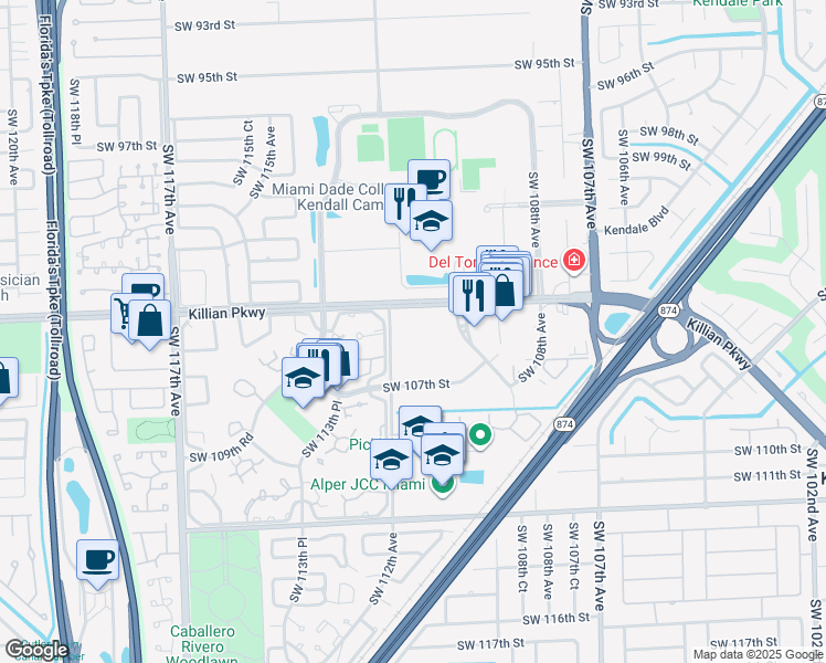 map of restaurants, bars, coffee shops, grocery stores, and more near 10425 Southwest 112th Avenue in Miami