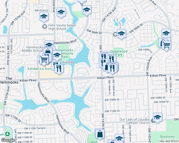map of restaurants, bars, coffee shops, grocery stores, and more near 14857 Southwest 104th Street in Miami