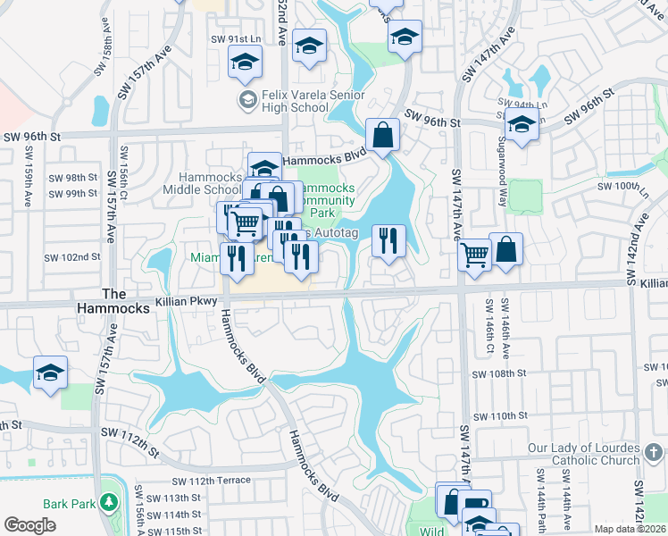 map of restaurants, bars, coffee shops, grocery stores, and more near 10370 Southwest 150th Court in Miami