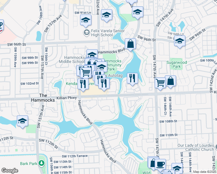 map of restaurants, bars, coffee shops, grocery stores, and more near 10370 Southwest 150th Court in Miami