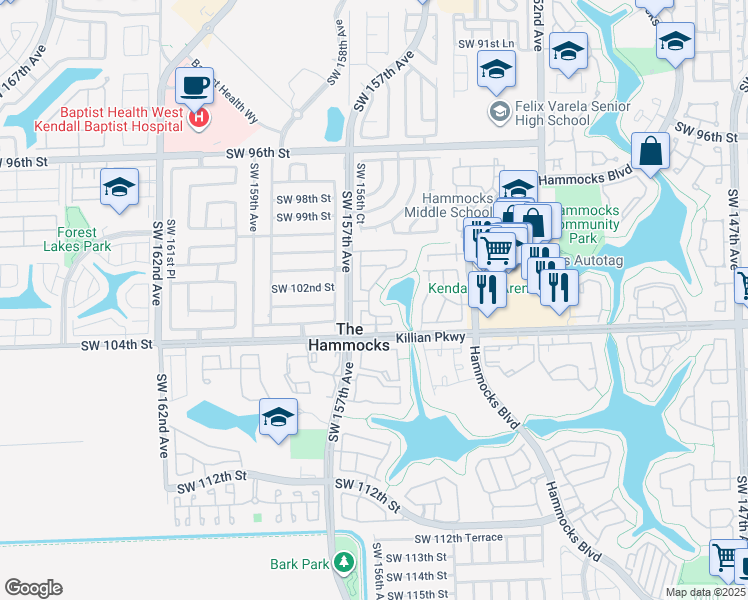 map of restaurants, bars, coffee shops, grocery stores, and more near 10233 Southwest 156th Avenue in Miami