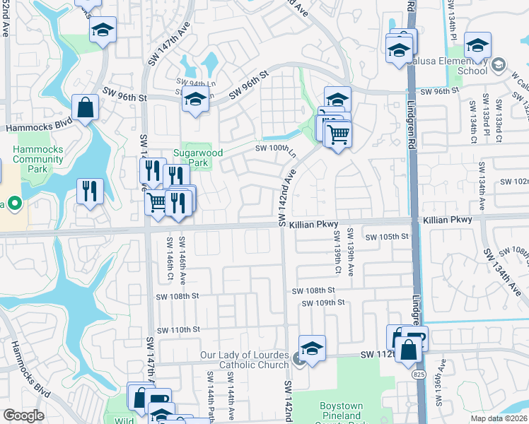 map of restaurants, bars, coffee shops, grocery stores, and more near 14249 Southwest 103rd Terrace in Miami