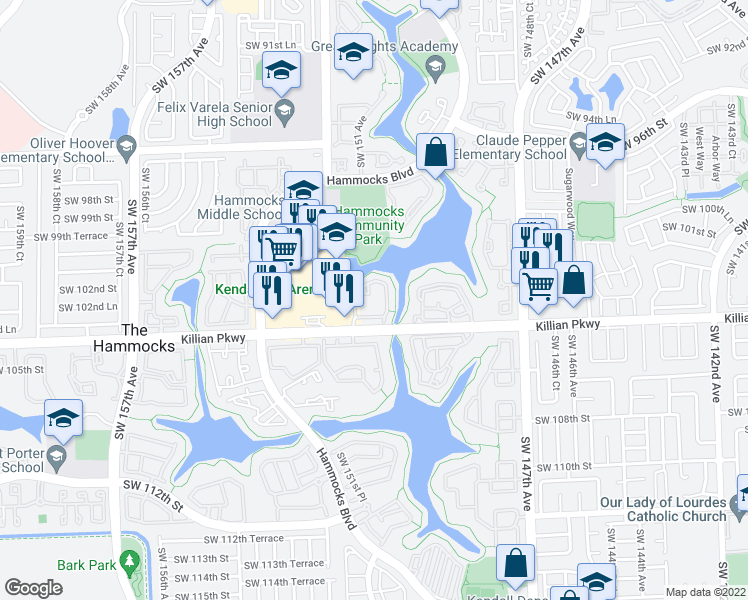 map of restaurants, bars, coffee shops, grocery stores, and more near 10370 Southwest 150th Court in Miami