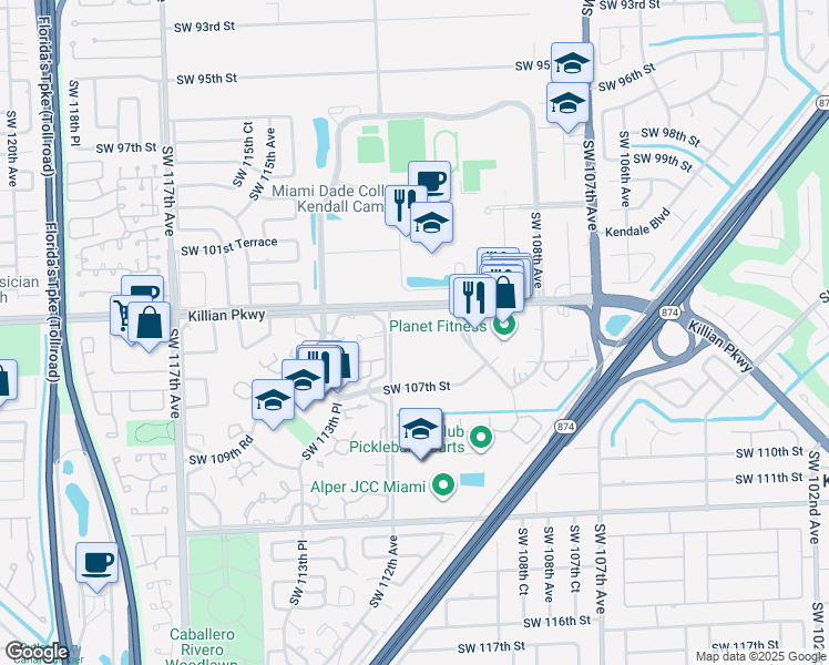 map of restaurants, bars, coffee shops, grocery stores, and more near 10425 Southwest 112th Avenue in Miami