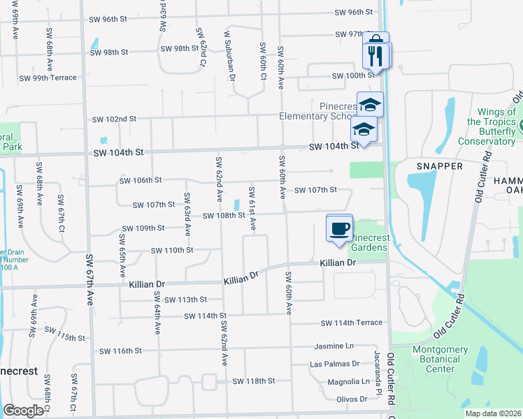 map of restaurants, bars, coffee shops, grocery stores, and more near 10751 Southwest 61st Avenue in Pinecrest