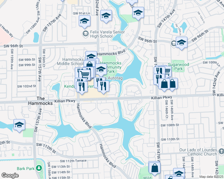 map of restaurants, bars, coffee shops, grocery stores, and more near 15040 Southwest 103rd Lane in Miami