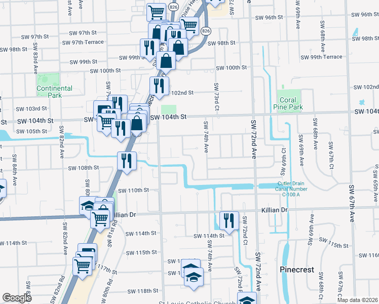 map of restaurants, bars, coffee shops, grocery stores, and more near 7460 Southwest 106th Street in Miami
