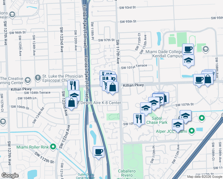 map of restaurants, bars, coffee shops, grocery stores, and more near 11740 Southwest 104th Street in Miami