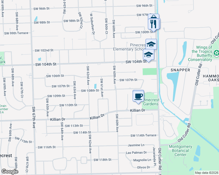 map of restaurants, bars, coffee shops, grocery stores, and more near 10751 Southwest 61st Avenue in Pinecrest