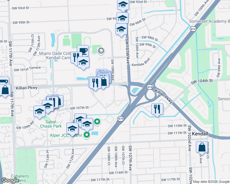 map of restaurants, bars, coffee shops, grocery stores, and more near 10500 Southwest 108th Avenue in Miami