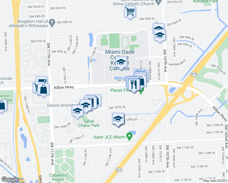 map of restaurants, bars, coffee shops, grocery stores, and more near 10425 Southwest 112th Avenue in Miami