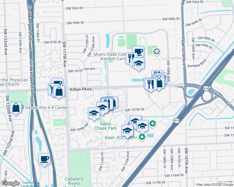 map of restaurants, bars, coffee shops, grocery stores, and more near 10531 Southwest 113th Place in Miami