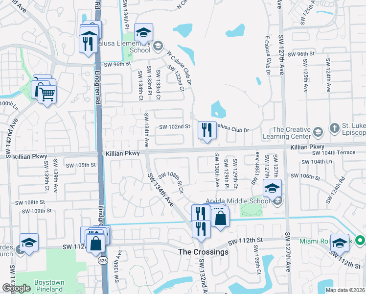 map of restaurants, bars, coffee shops, grocery stores, and more near 13245 Southwest 104th Terrace in Miami