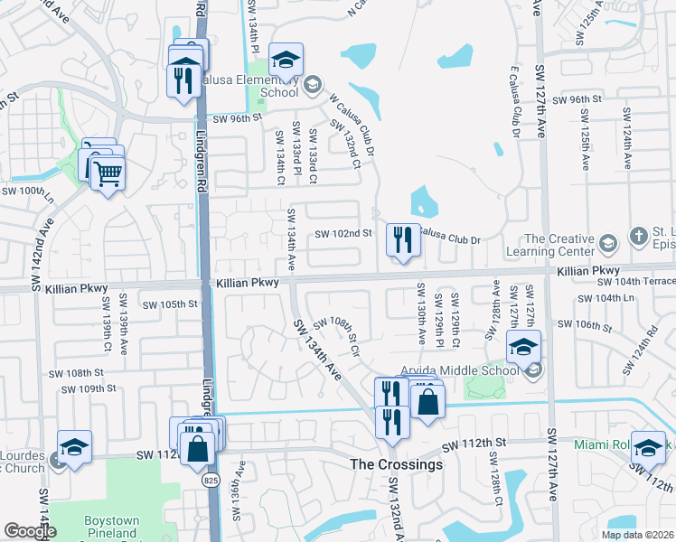 map of restaurants, bars, coffee shops, grocery stores, and more near 13310 Southwest 103rd Terrace in Miami
