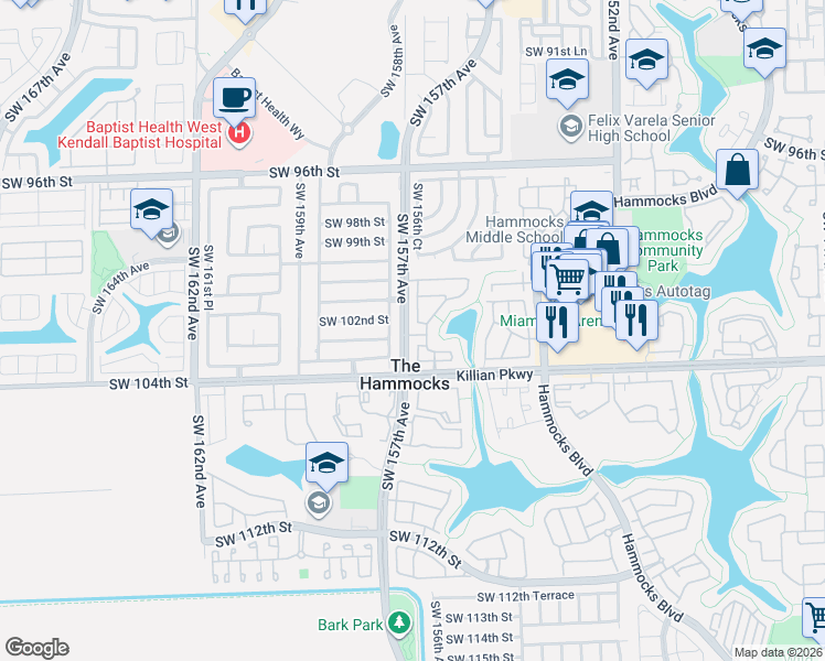 map of restaurants, bars, coffee shops, grocery stores, and more near 10273 Southwest 157th Court in Miami