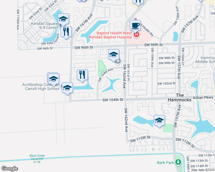 map of restaurants, bars, coffee shops, grocery stores, and more near 16306 Southwest 102nd Street in Miami