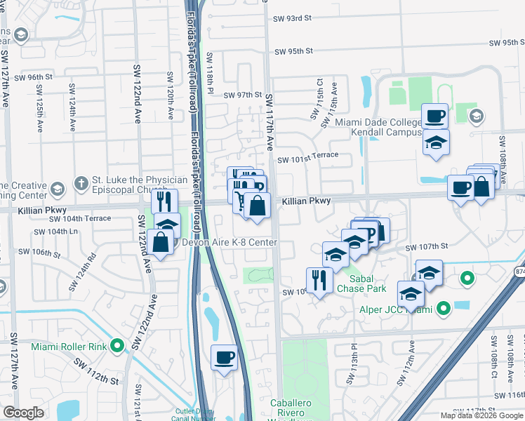 map of restaurants, bars, coffee shops, grocery stores, and more near 11740 Southwest 104th Street in Miami