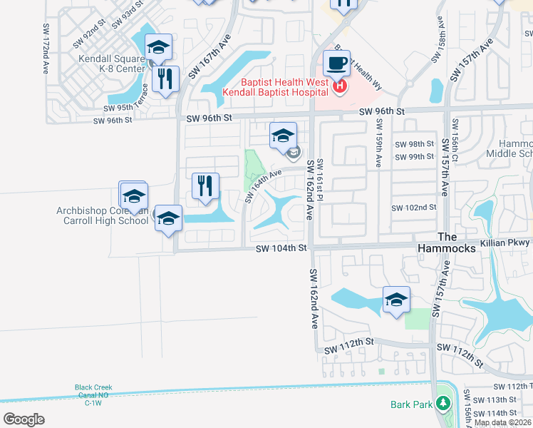 map of restaurants, bars, coffee shops, grocery stores, and more near 16306 Southwest 102nd Street in Miami