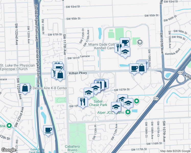 map of restaurants, bars, coffee shops, grocery stores, and more near 10515 Southwest 114th Court in Miami