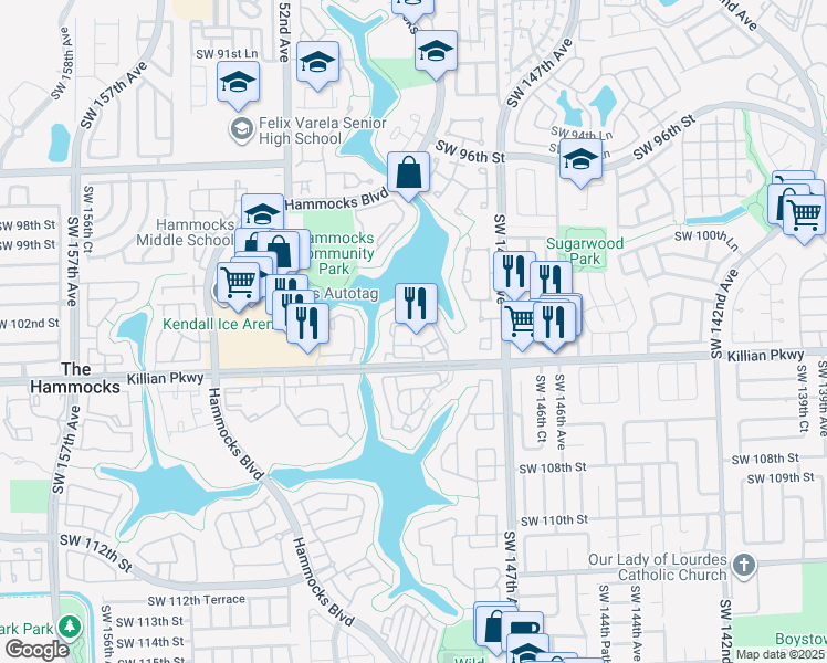 map of restaurants, bars, coffee shops, grocery stores, and more near 14915 Southwest 104th Street in Miami