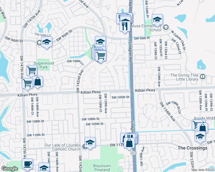 map of restaurants, bars, coffee shops, grocery stores, and more near Southwest 103rd Lane in Miami