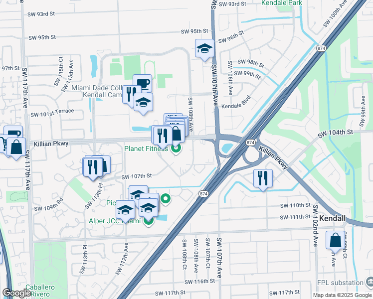 map of restaurants, bars, coffee shops, grocery stores, and more near 10500 Southwest 108th Avenue in Miami
