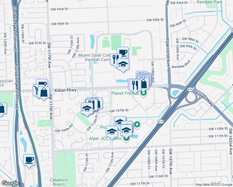 map of restaurants, bars, coffee shops, grocery stores, and more near 10425 Southwest 112th Avenue in Miami