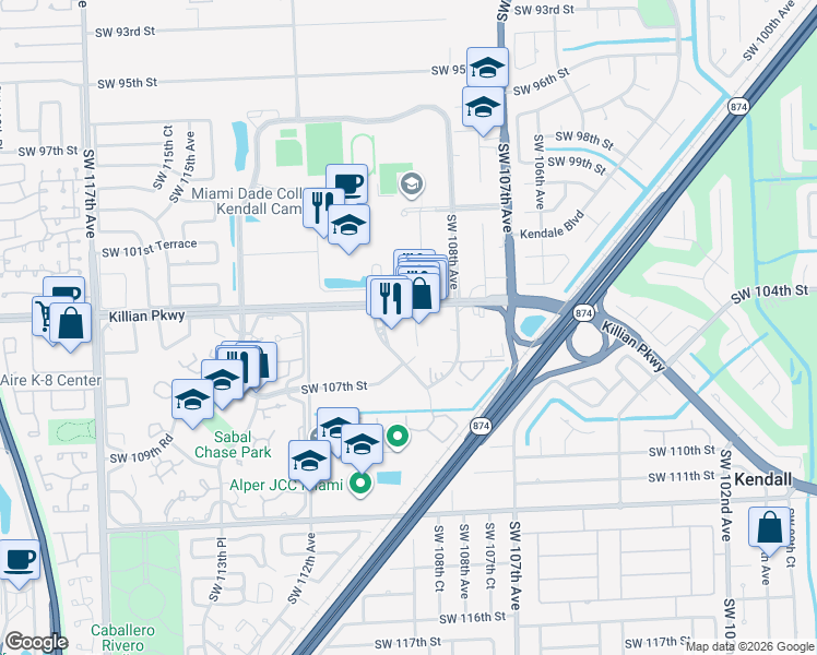 map of restaurants, bars, coffee shops, grocery stores, and more near 10872 Southwest 104th Street in Miami