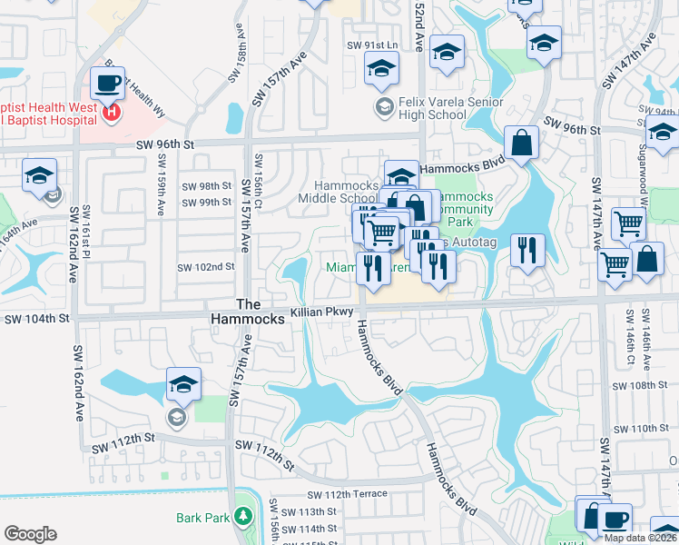 map of restaurants, bars, coffee shops, grocery stores, and more near in The Hammocks