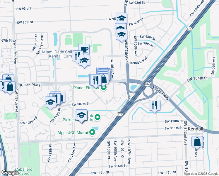 map of restaurants, bars, coffee shops, grocery stores, and more near 10400 Southwest 108th Avenue in Miami