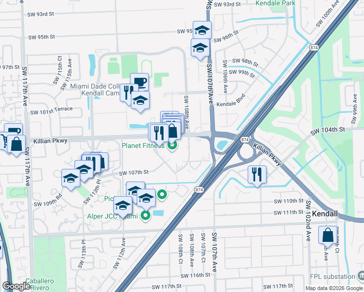 map of restaurants, bars, coffee shops, grocery stores, and more near 10500 Southwest 108th Avenue in Miami