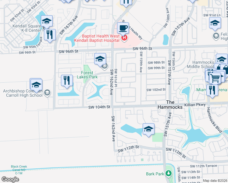 map of restaurants, bars, coffee shops, grocery stores, and more near 10176 Southwest 161st Place in Miami