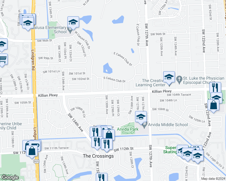 map of restaurants, bars, coffee shops, grocery stores, and more near 12980 Southwest 103rd Terrace in Miami