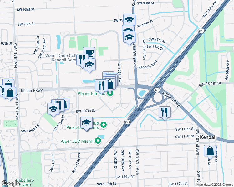 map of restaurants, bars, coffee shops, grocery stores, and more near 10500 Southwest 108th Avenue in Miami