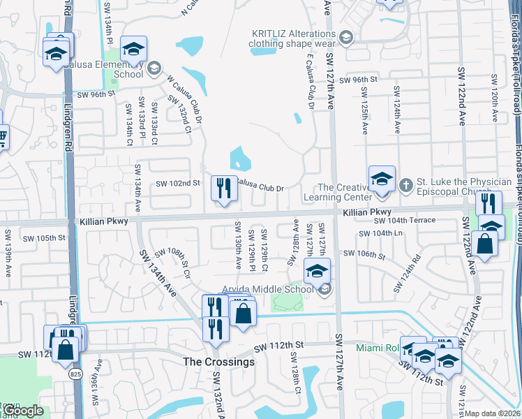 map of restaurants, bars, coffee shops, grocery stores, and more near 12960 Southwest 103rd Terrace in Miami