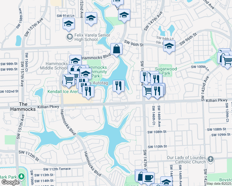 map of restaurants, bars, coffee shops, grocery stores, and more near 14915 Southwest 104th Street in Miami