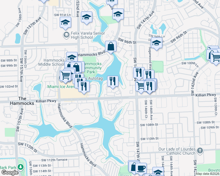 map of restaurants, bars, coffee shops, grocery stores, and more near 14915 Southwest 104th Street in Miami