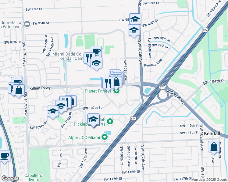 map of restaurants, bars, coffee shops, grocery stores, and more near 10900 Southwest 104th Street in Miami