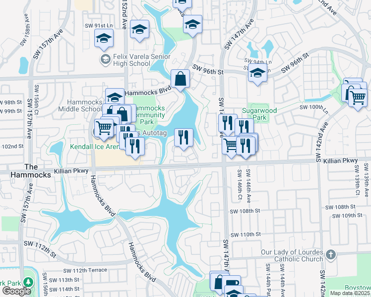 map of restaurants, bars, coffee shops, grocery stores, and more near 14915 Southwest 104th Street in Miami