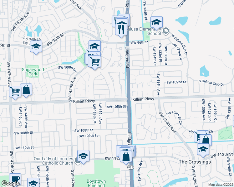 map of restaurants, bars, coffee shops, grocery stores, and more near 13731 Southwest 103rd Terrace in Miami