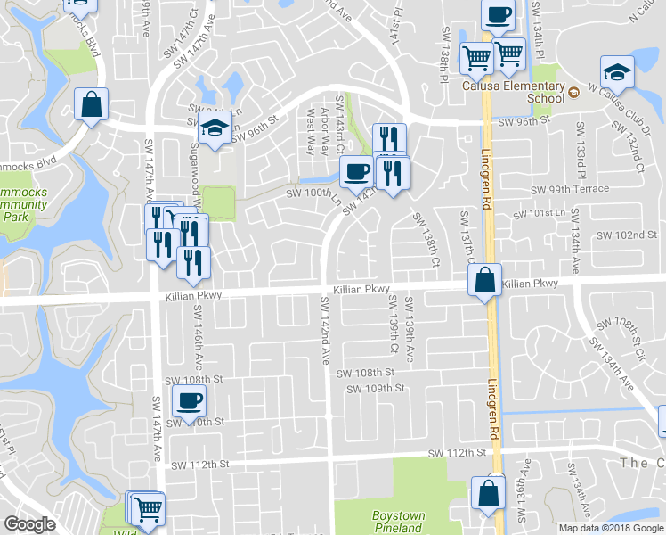 map of restaurants, bars, coffee shops, grocery stores, and more near 10364 Southwest 141st Court in Miami