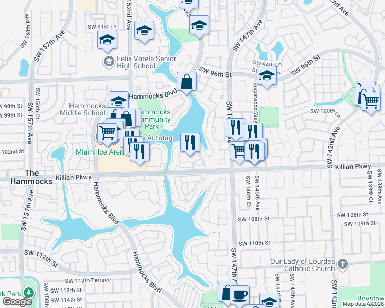 map of restaurants, bars, coffee shops, grocery stores, and more near 14915 Southwest 104th Street in Miami