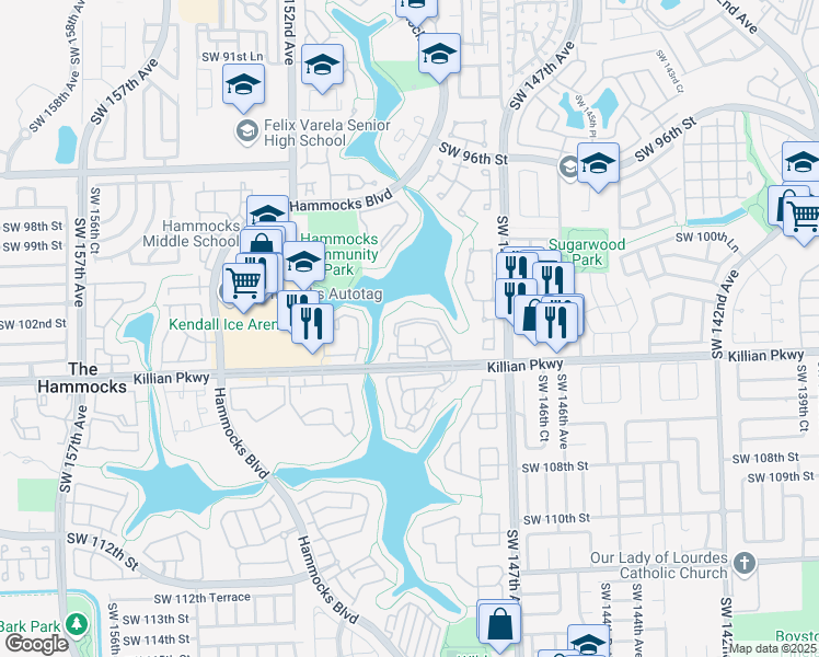 map of restaurants, bars, coffee shops, grocery stores, and more near 14915 Southwest 104th Street in Miami
