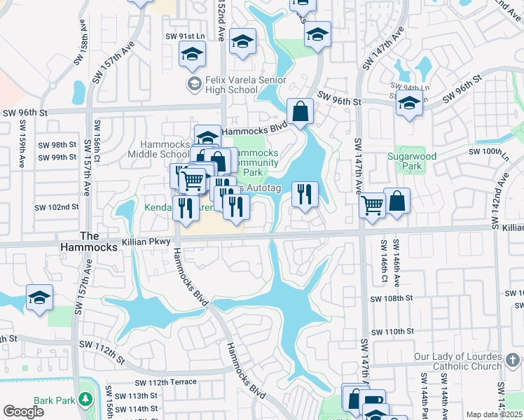 map of restaurants, bars, coffee shops, grocery stores, and more near 10370 Southwest 150th Court in Miami