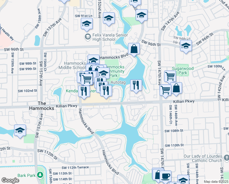 map of restaurants, bars, coffee shops, grocery stores, and more near 10370 Southwest 150th Court in Miami