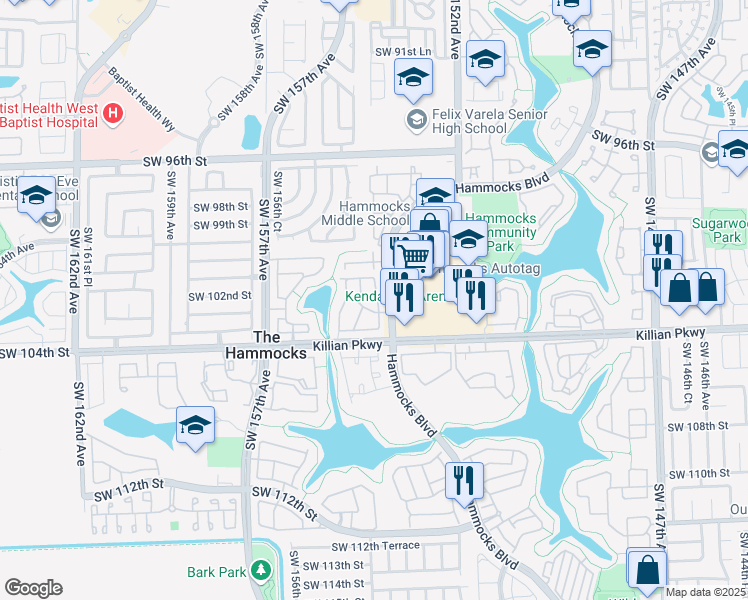 map of restaurants, bars, coffee shops, grocery stores, and more near in The Hammocks