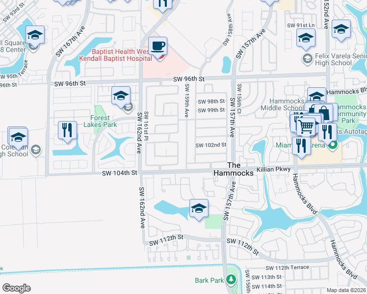 map of restaurants, bars, coffee shops, grocery stores, and more near 10255 Southwest 159th Court in Miami