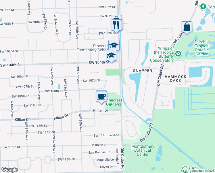 map of restaurants, bars, coffee shops, grocery stores, and more near 10735 Southwest 58th Avenue in Miami