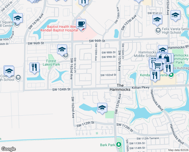 map of restaurants, bars, coffee shops, grocery stores, and more near 10255 Southwest 159th Court in Miami